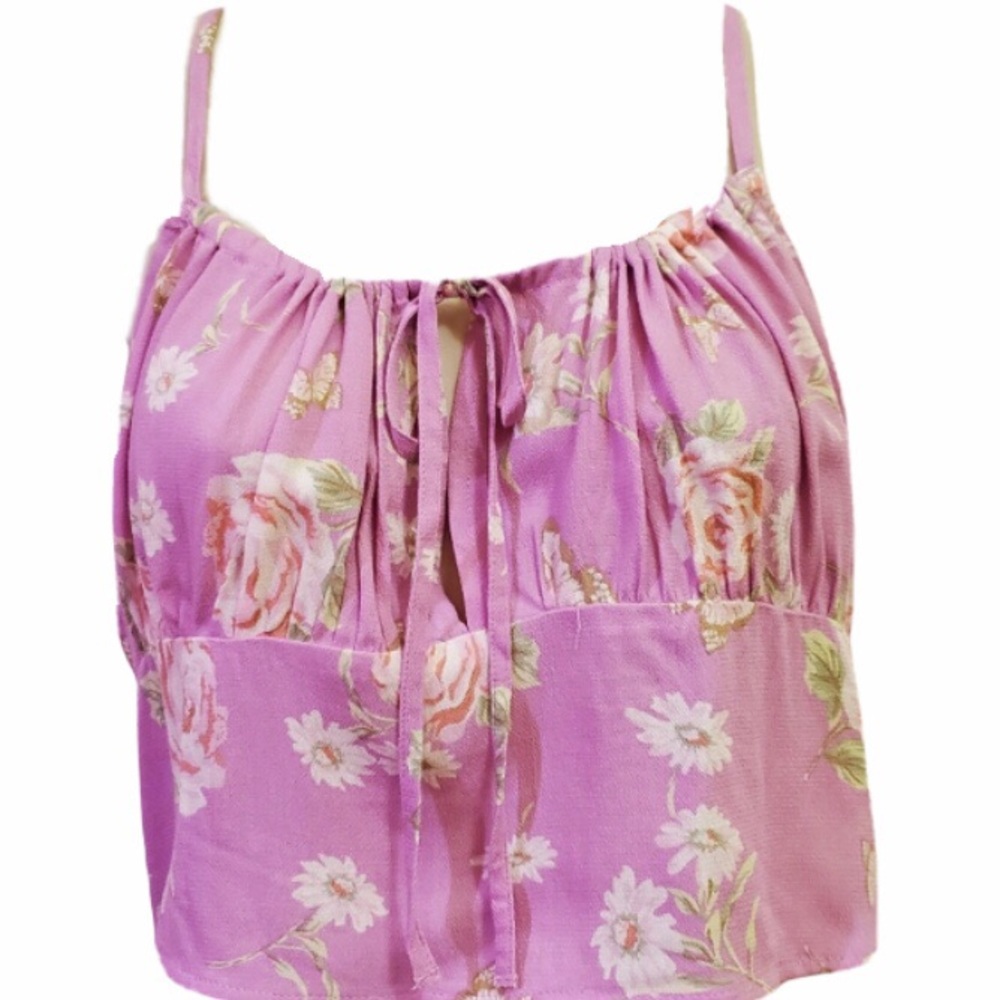 BP Purple Anna Cropped Floral Camisole Tank Top Keyhole Tie Smocked BOHO Sz 1X